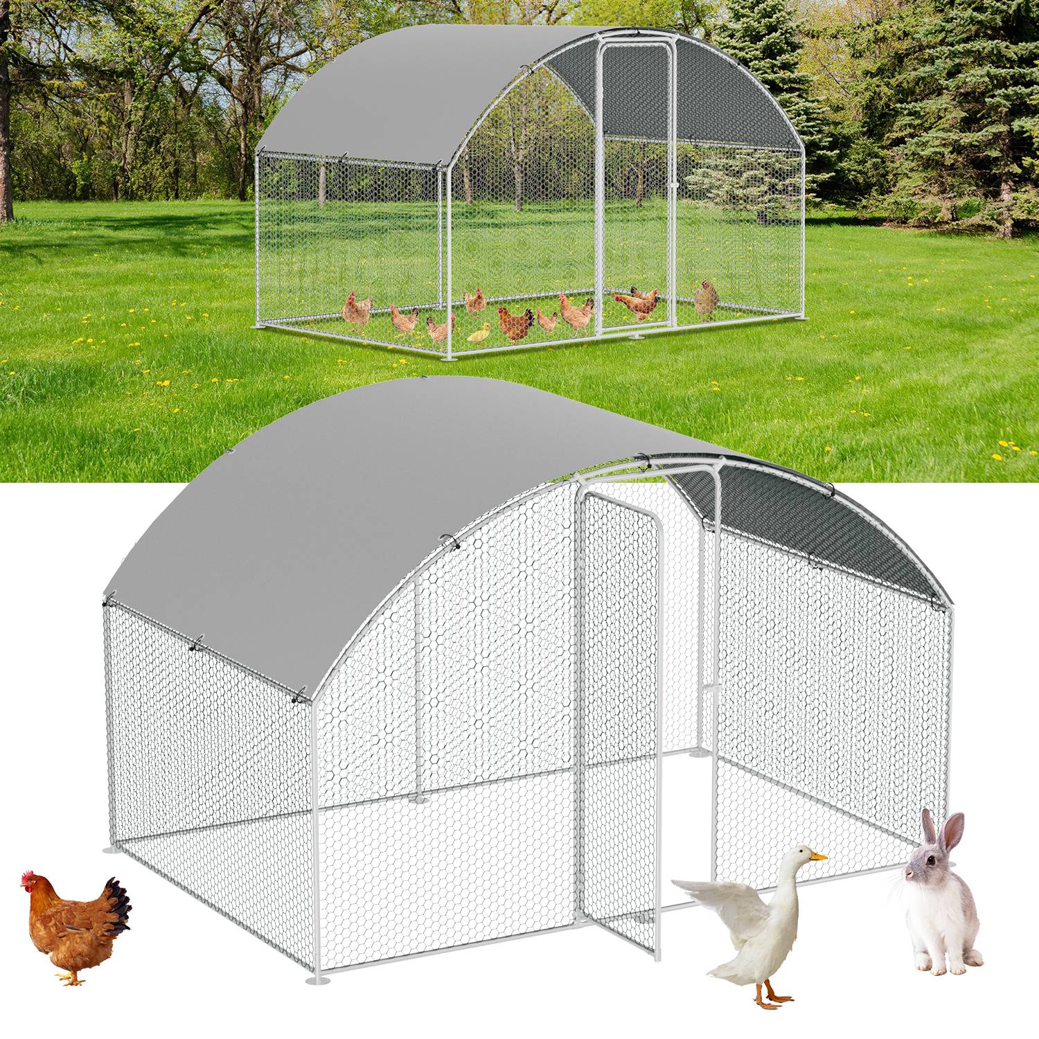 Freilaufgehege Hühnerhaus Kuppeldach 3 x 2 x 2 m Outdoor Hühnerstall Dach Geflügelstall, Verzinkter Stahl Kleintierstall Freigehege mit Sonnenschut