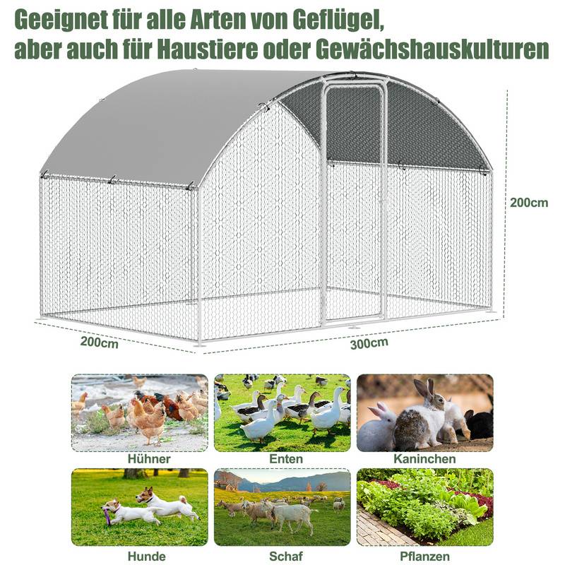 Freilaufgehege – Hühnerstall Kuppeldach aus Metall begehbar, Tür & Riegel – Freigehege für Hühner, Kleintiere & Pflanzen - 3x2x2m mit 6 m² La