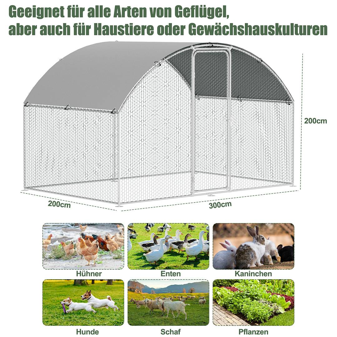 Illustration eines 200 x 300 x 200 cm großen Maschendrahtgeheges mit Bogendach, gekennzeichnet als geeignet für Hühner, Enten, Kaninchen, Hunde, Schafe und Pflanzen.