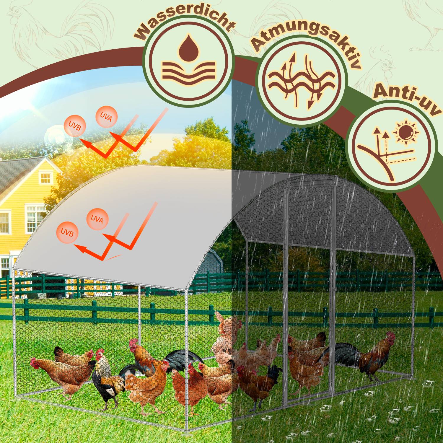 Freilaufgehege Hühnerhaus Kuppeldach 3 x 2 x 2 m Outdoor Hühnerstall Dach Geflügelstall, Verzinkter Stahl Kleintierstall Freigehege mit Sonnenschut
