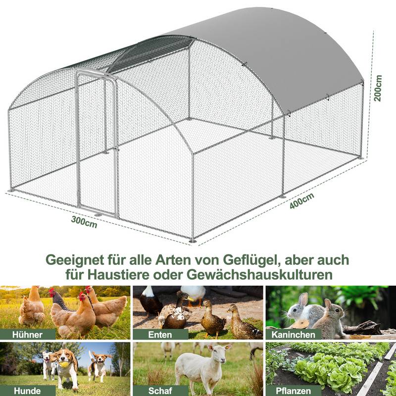 Freilaufgehege Hühnerhaus Kuppeldach 3 x 4 x 2 m Outdoor Hühnerstall Dach Geflügelstall, Verzinkter Stahl Kleintierstall Freigehege mit Sonnenschut