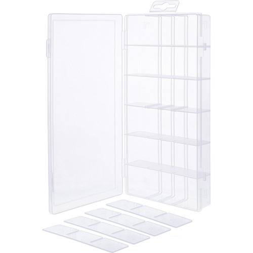 Offene, transparente Kunststoff-Aufbewahrungsbox mit verstellbaren Trennwänden, geeignet zum Organisieren von kleinen Gegenständen wie Perlen oder Schrauben.