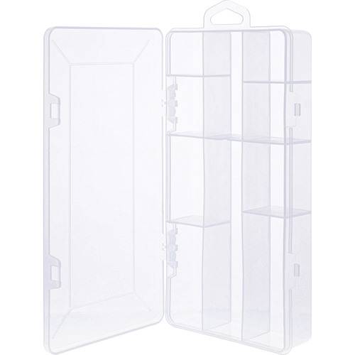 Eine offene, transparente Kunststoff-Aufbewahrungsbox mit neun rechteckigen Fächern zur Organisation von Kleinteilen.