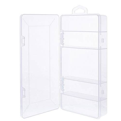 Eine transparente Aufbewahrungsbox mit drei Fächern ist geöffnet und zeigt ihre Organisationsstruktur. Geeignet zum Sortieren von kleinen Gegenständen.