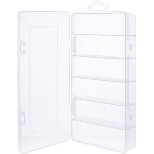 Transparente Kunststoff-Aufbewahrungsbox mit fünf verstellbaren Fächern, offener Deckel und Griff oben.