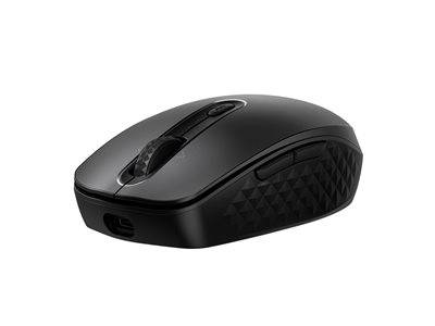 Eine schwarze kabellose Computermaus mit strukturiertem Seitenschliff und Scrollrad, entwickelt für komfortable Handhabe, vor weißem Hintergrund platziert.