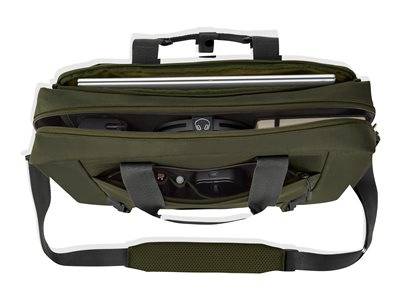 Eine grüne Laptoptasche mit einem Laptop im Inneren, mehreren Fächern zur Organisation und einem gepolsterten Schultergurt für bequemes Tragen.