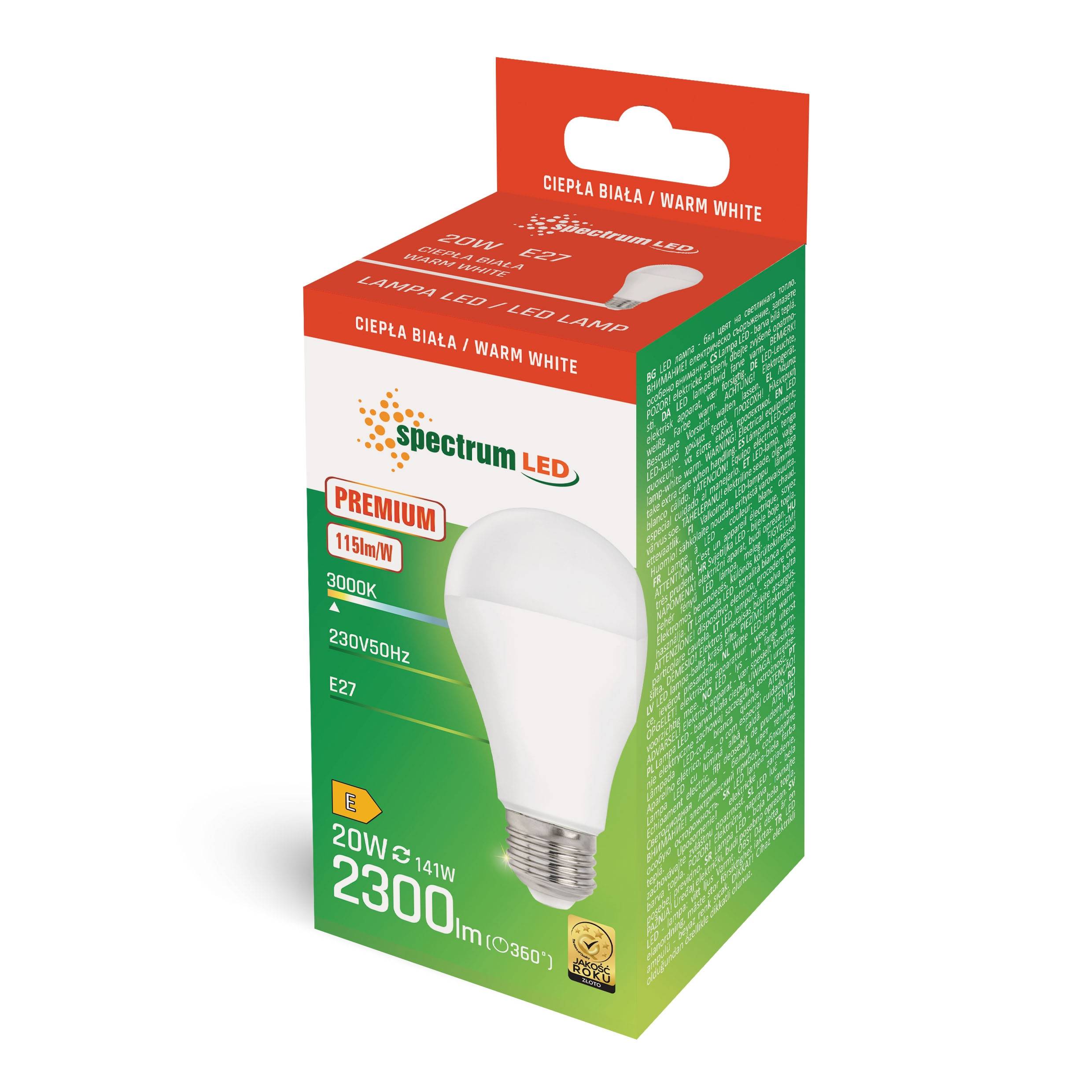 Spectrum LED E27 A65 20W = 141W Birne 160° 2300lm 230V Warmweiß 3000K