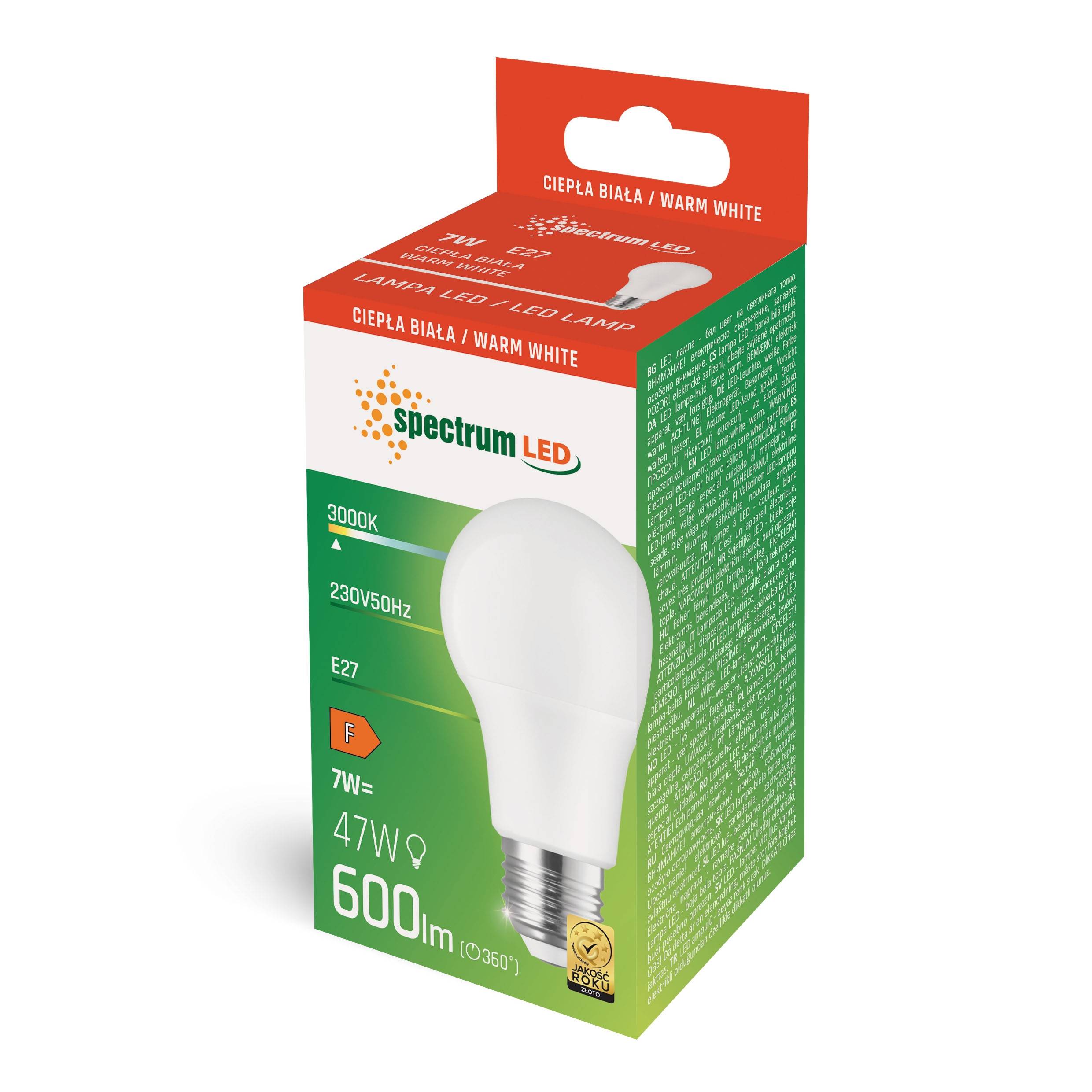 Spectrum LED E27 A60 7W = 47W Birne 270° 600lm 230V Warmweiß 3000K