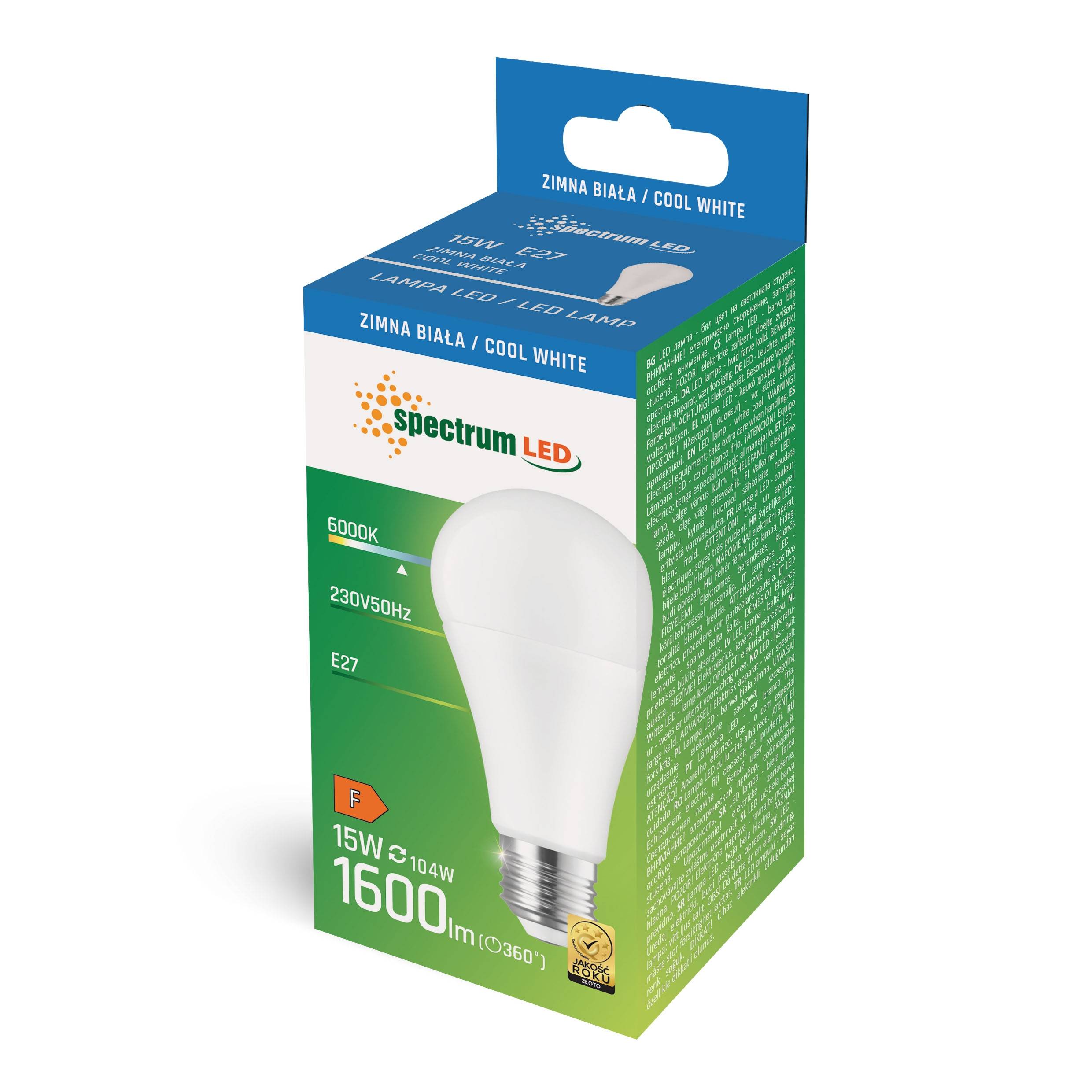 Spectrum LED E27 A60 15W = 104W Birne 270° 1600lm 230V Kaltweiß 6000K