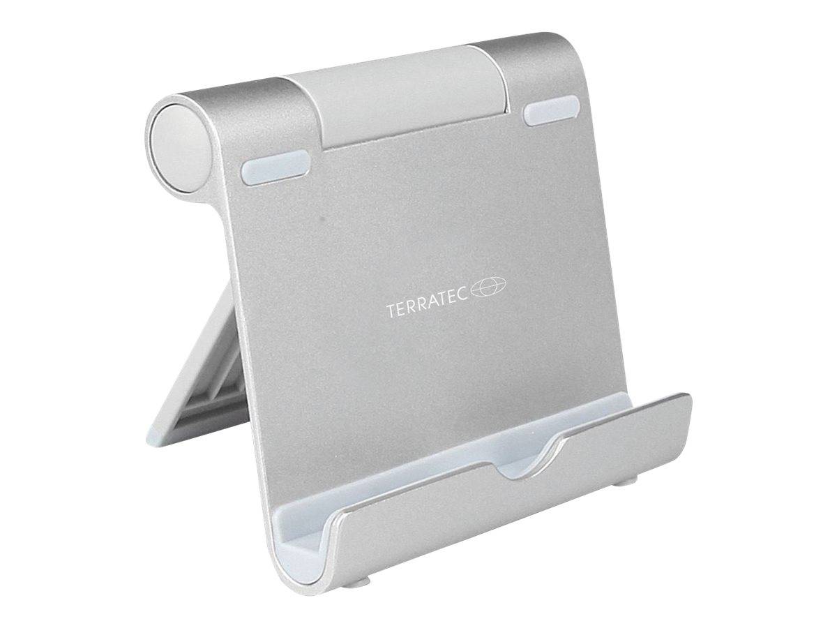 Ein schlanker silberner Tabletständer mit der Aufschrift 'TERRATEC', der ein faltbares Design mit Gummipolstern zur Rutschfestigkeit aufweist und geeignet ist, Geräte aufrecht zu halten.
