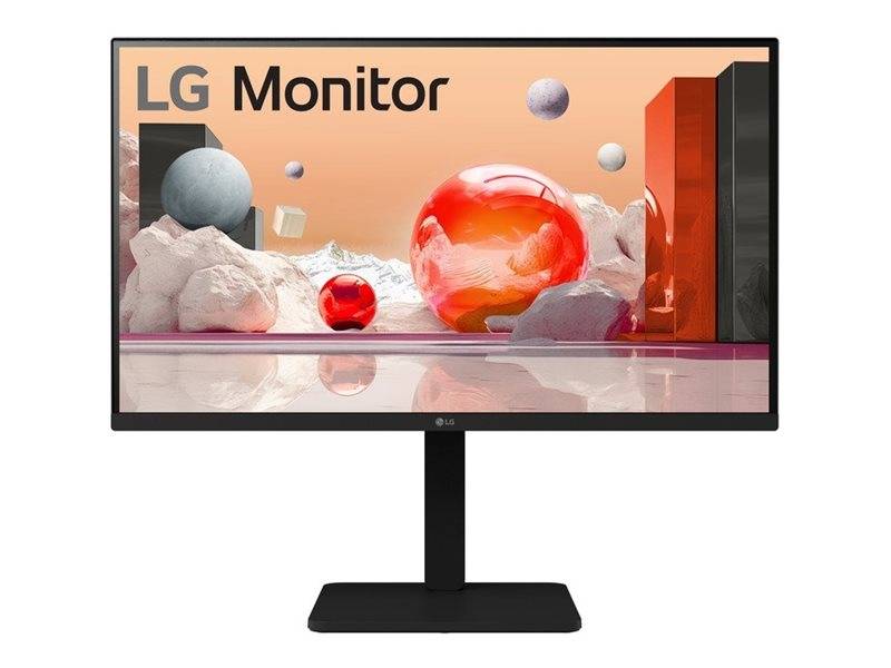 LG Monitor auf schwarzem Ständer, der eine farbenfrohe abstrakte 3D-Szene mit schwebenden Kugeln und geometrischen Blöcken anzeigt