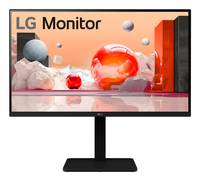LG-Monitor auf einem Ständer, der eine farbenfrohe abstrakte 3D-Szene mit schwebenden Kugeln und geometrischen Formen anzeigt.