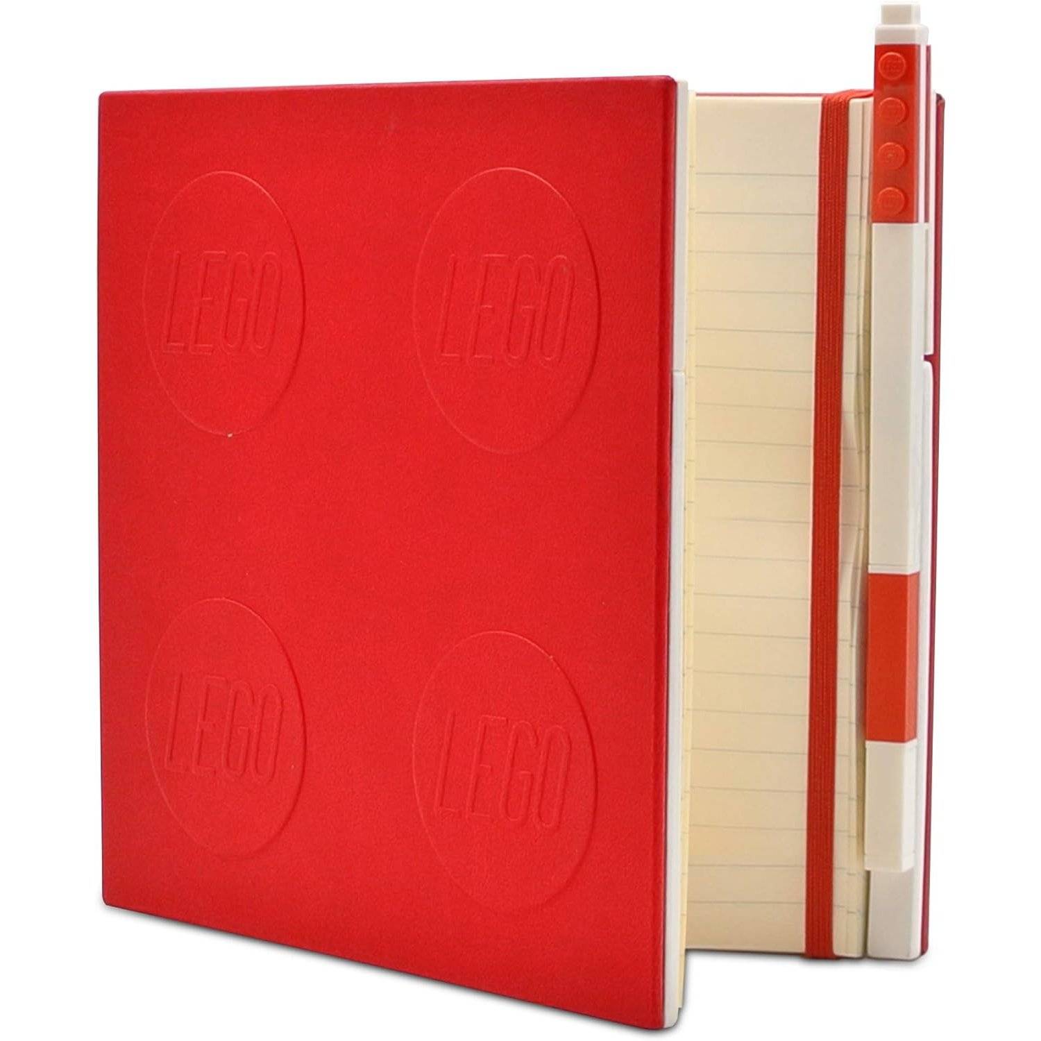 IQ LEGO Stationary Locking Notebook - Notizbuch mit 352 quadratischen Papierseiten und Gelschreiber - Rot