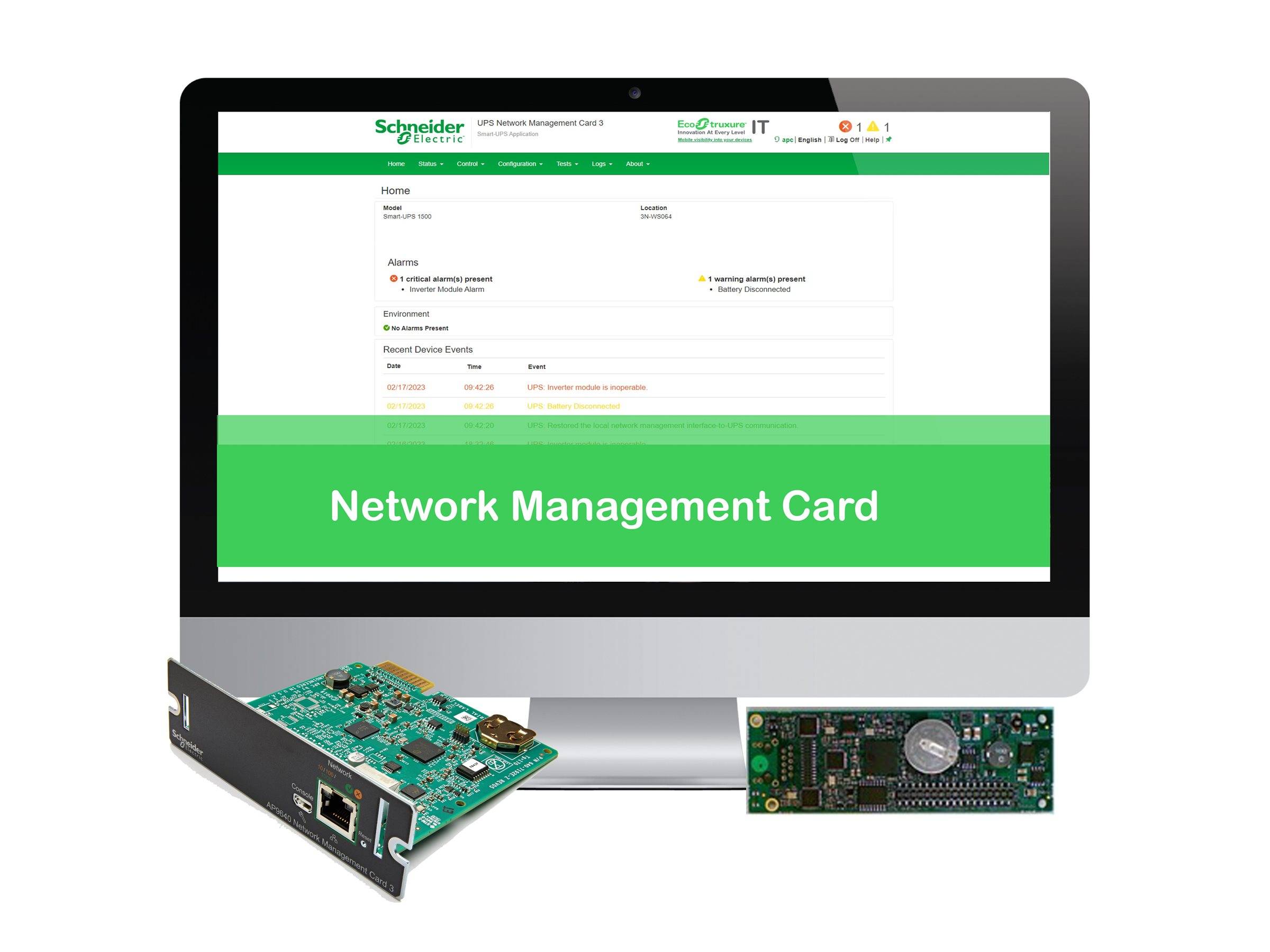 Computermonitor mit einem Schneider Electric Web-Dashboard für eine 'Netzwerkverwaltungskarte', mit zwei abgebildeten Netzwerkkarten-Hardwarekomponenten davor.