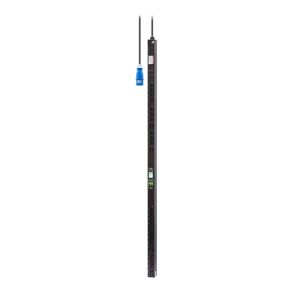 Vertikale schwarze Stromverteilungseinheit mit mehreren Anschlüssen, einem digitalen Display und einem blauen Stecker, der oben durch ein Kabel verbunden ist.