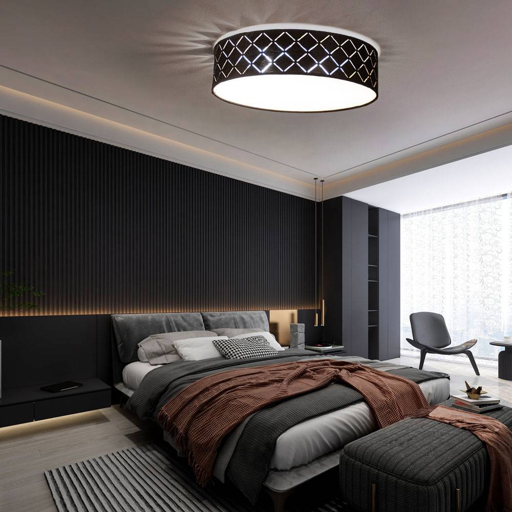 Deckenleuchte Textil schwarz Deckenlampe schwarz gold Wohnzimmerleuchte rund, Metall, satiniert, 2x 7W 560Lm warmweiß, DxH 38x10 cm