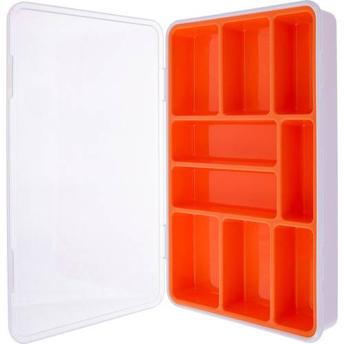 Eine offene weiße Hülle mit einem transparenten Deckel zeigt ein orangefarbenes Innenleben mit mehreren Fächern zur Organisation von Gegenständen.
