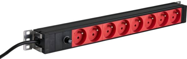 19? 1HE Steckdosenleiste 8 x CEE 7/5 (UTE) rot, -- Zuleitung C14, 10A Feinsicherung, schwarz 19 Zoll