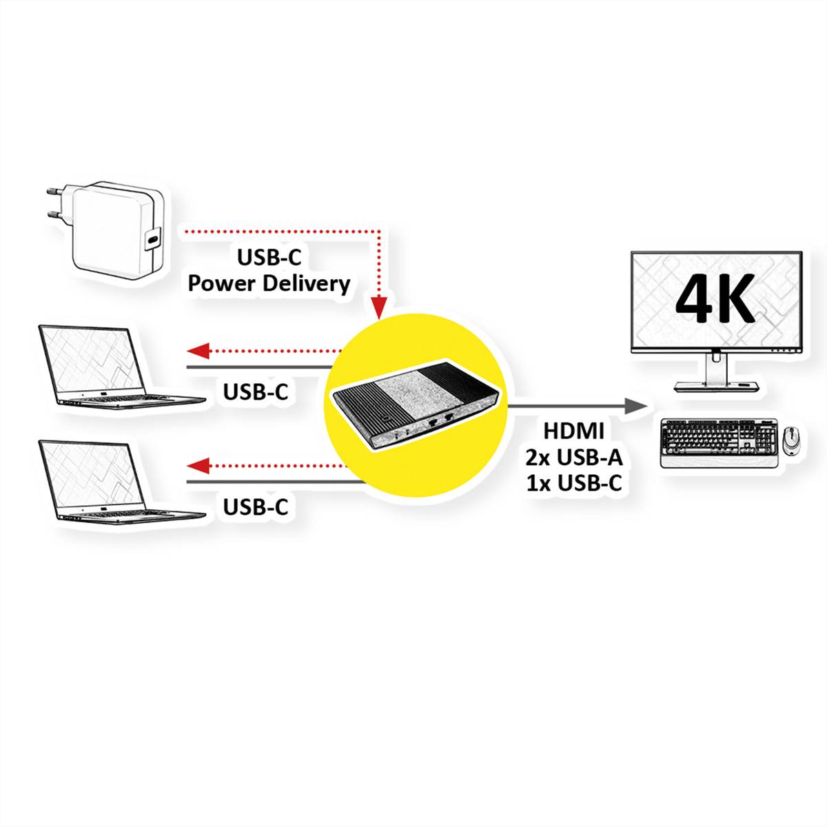 ROLINE KVM Switch, HDMI 4K, USB, 1 User - 2 Mobilgeräte