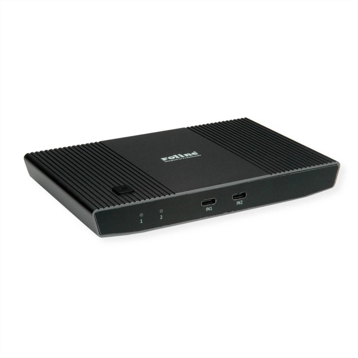Schwarze Techline-Elektronikschalterbox mit gerippter Oberseite, zwei mit IN1 und IN2 gekennzeichneten Eingangsanschlüssen und zwei Kontrollleuchten auf der Vorderseite.