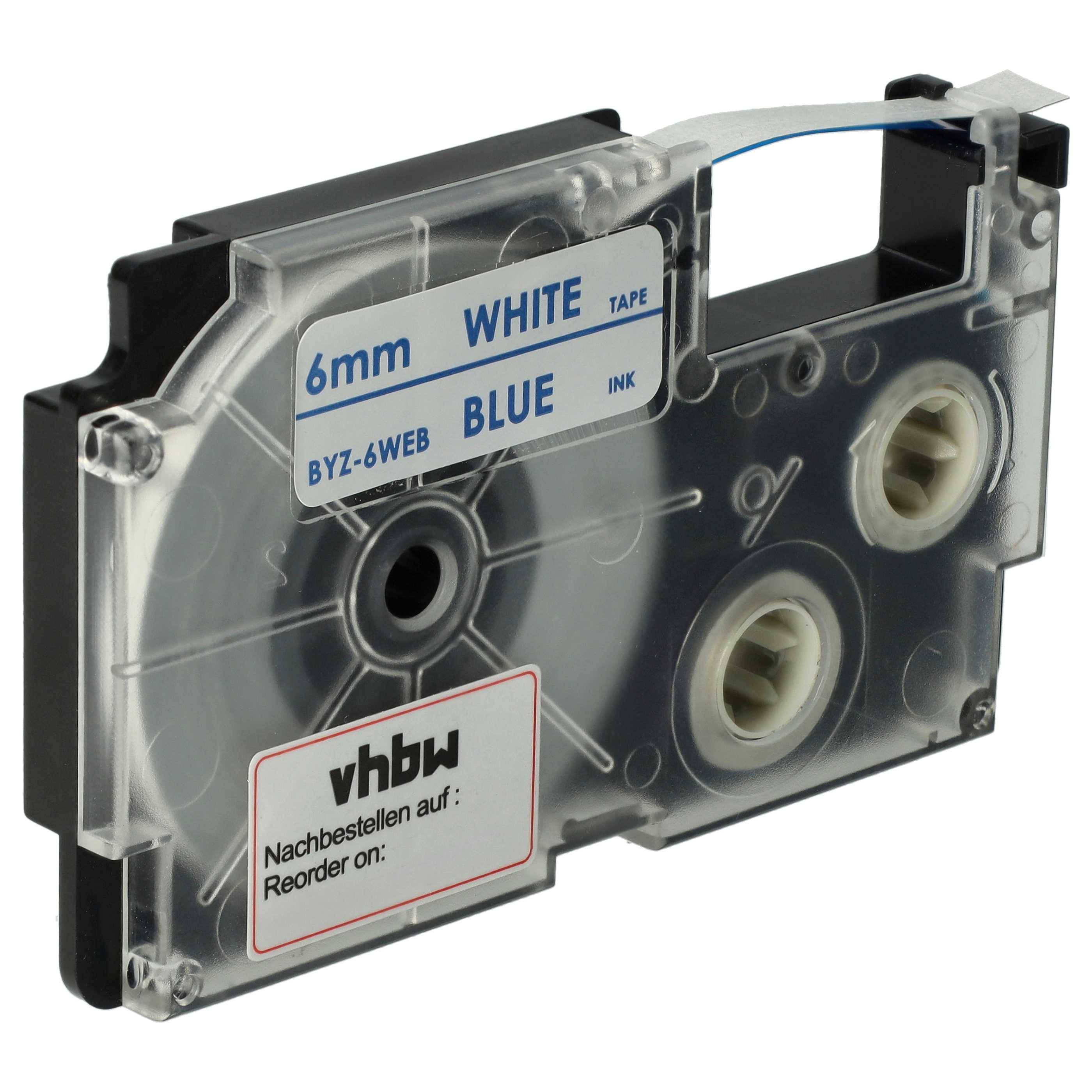 vhbw Schriftband-Kassette Ersatz für Casio XR-6WEB1, XR-6WEB für Etiketten-Drucker 8m x 6mm Blau auf Weiß, Kunststoff
