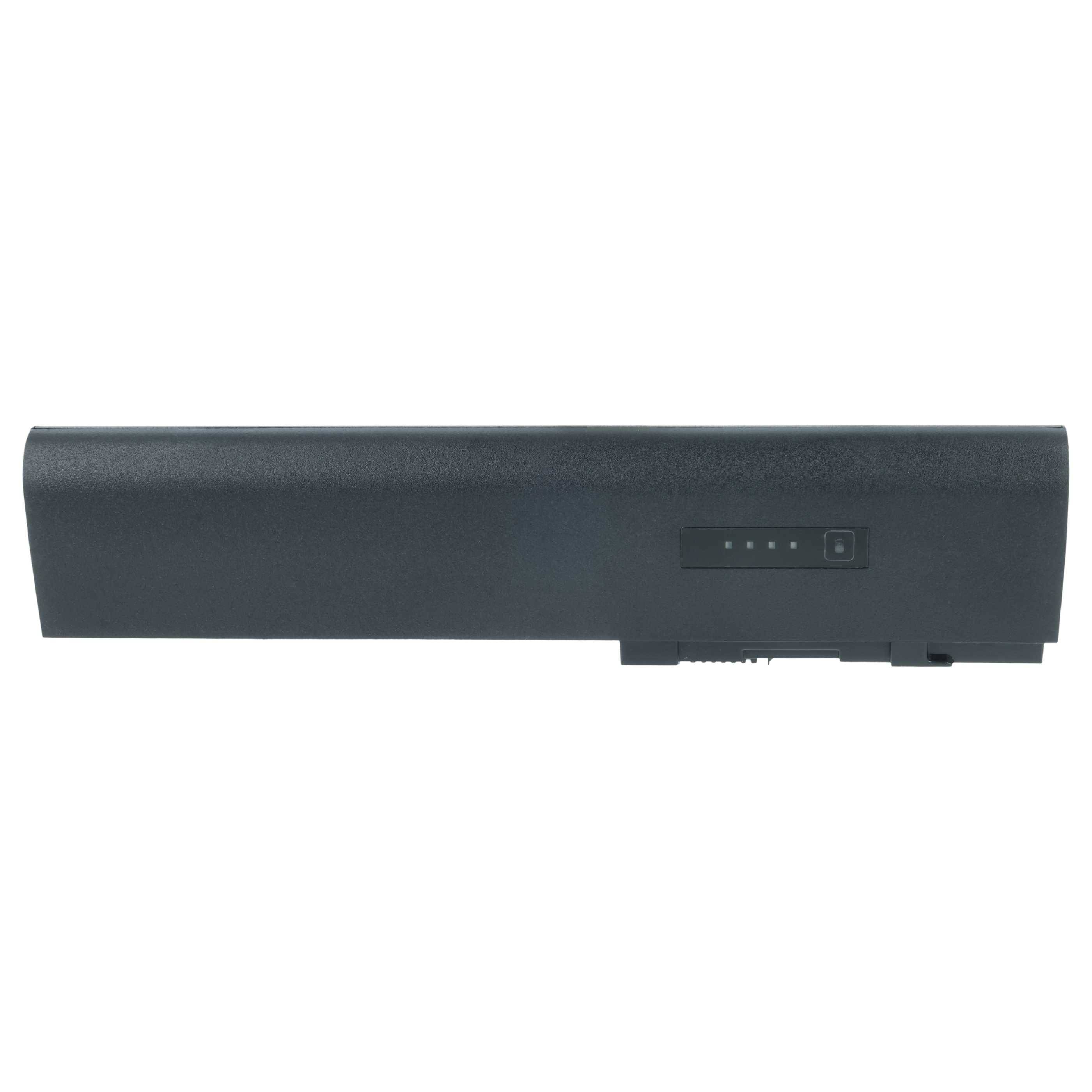 Eine schwarze Laptop-Batterie mit einer strukturierten Oberfläche und einem kleinen Bedienfeld mit vier LED-Anzeigelichtern.
