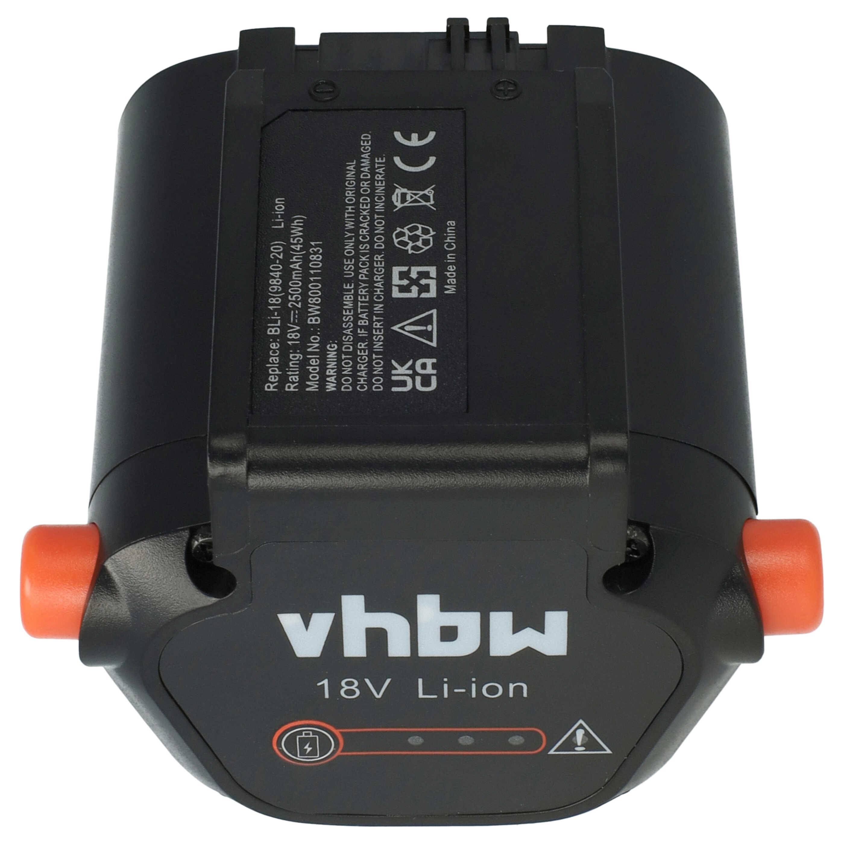Schwarzer VHBW 18V Li-Ionen wiederaufladbarer Akku mit orangefarbenen Seitenlaschen und Ladeanzeigeleuchten, Vorderansicht auf weißem Hintergrund.