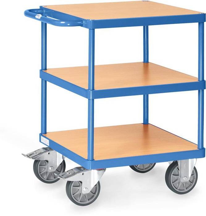 Blauer Mehrzweckwagen mit drei Regalen im Holzoptik-Design und vier Lenkrollen, abgebildet auf weißem Hintergrund.