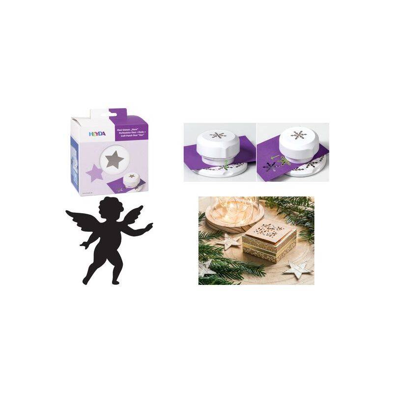 Eine Box mit einem Papierstanzer mit Sternendesign, Engelsilhouette, zwei gestanzten Papiermustern und einer Holzsternschachtel auf Tannenzweigen.