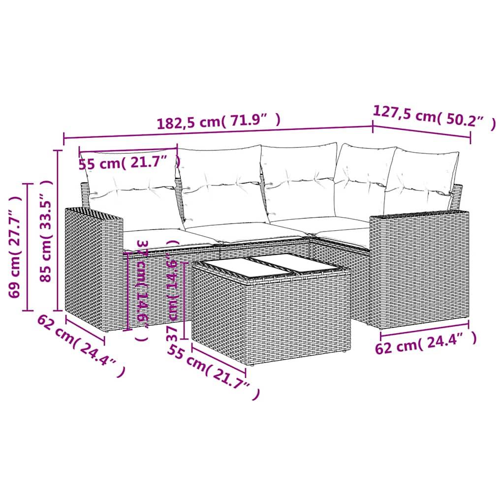 vidaXL 5-tlg. Garten-Sofagarnitur mit Kissen Hellgrau Poly Rattan