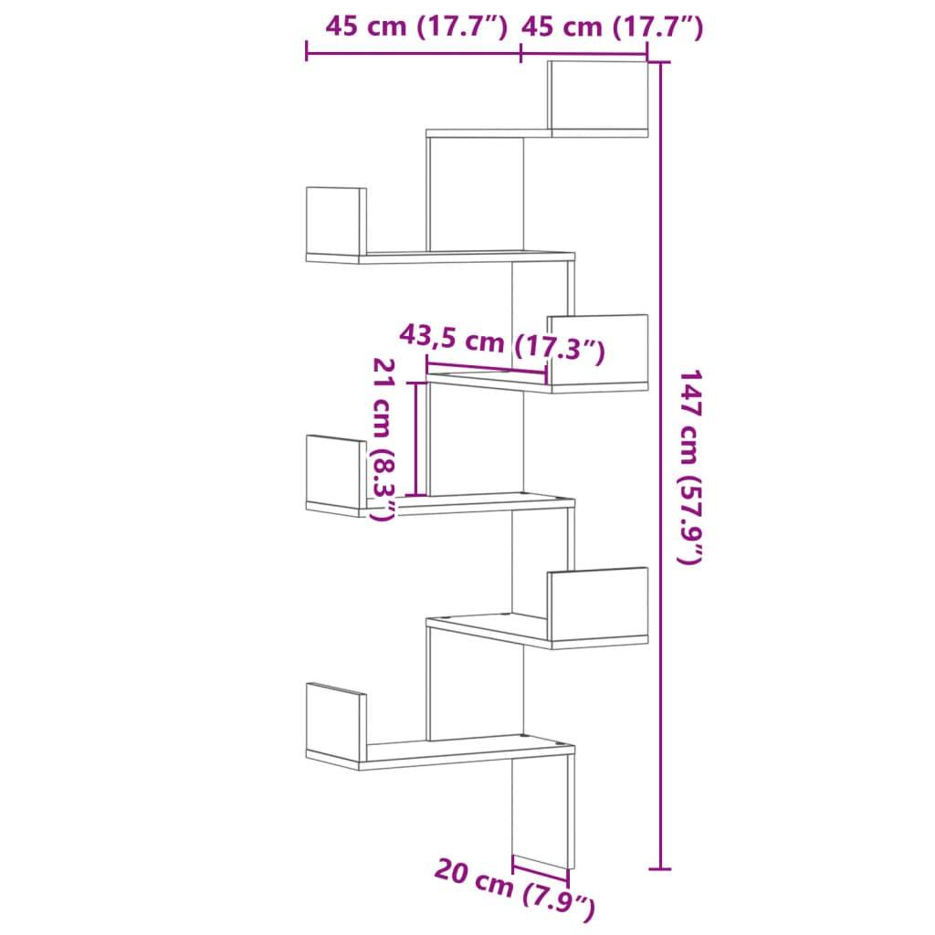 vidaXL Wand-Eckregal Grau Sonoma 45x45x147 cm Holzwerkstoff