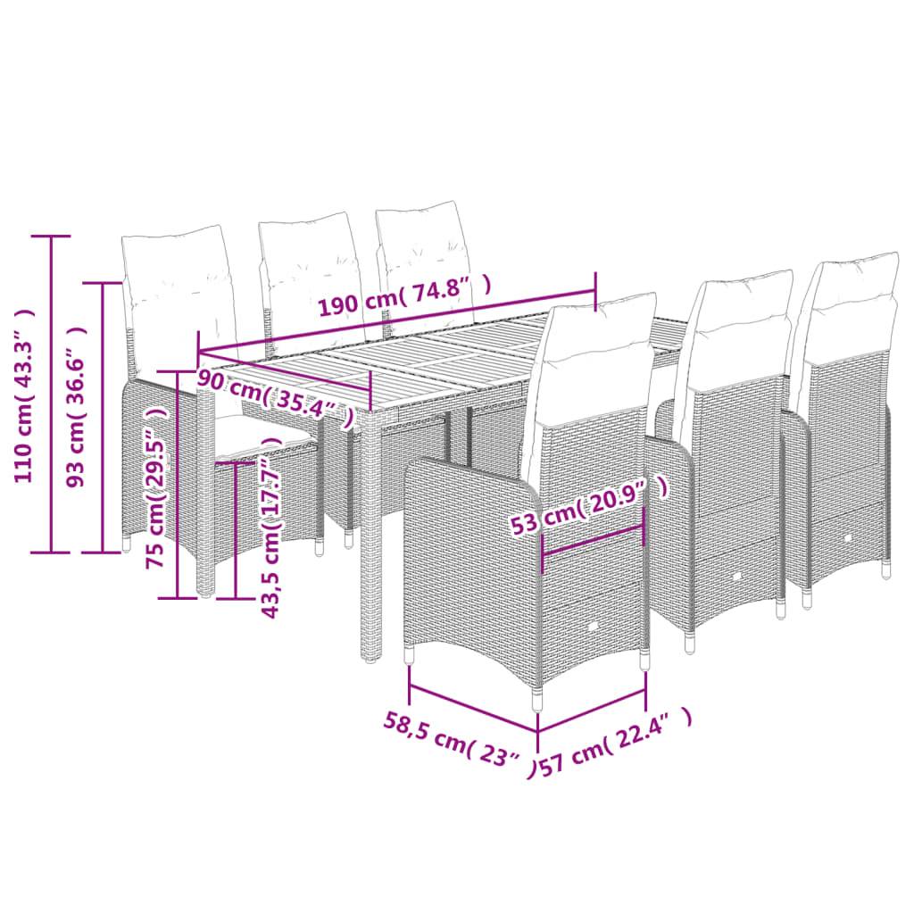 vidaXL 9-tlg. Garten-Bistro-Set mit Kissen Grau Poly Rattan