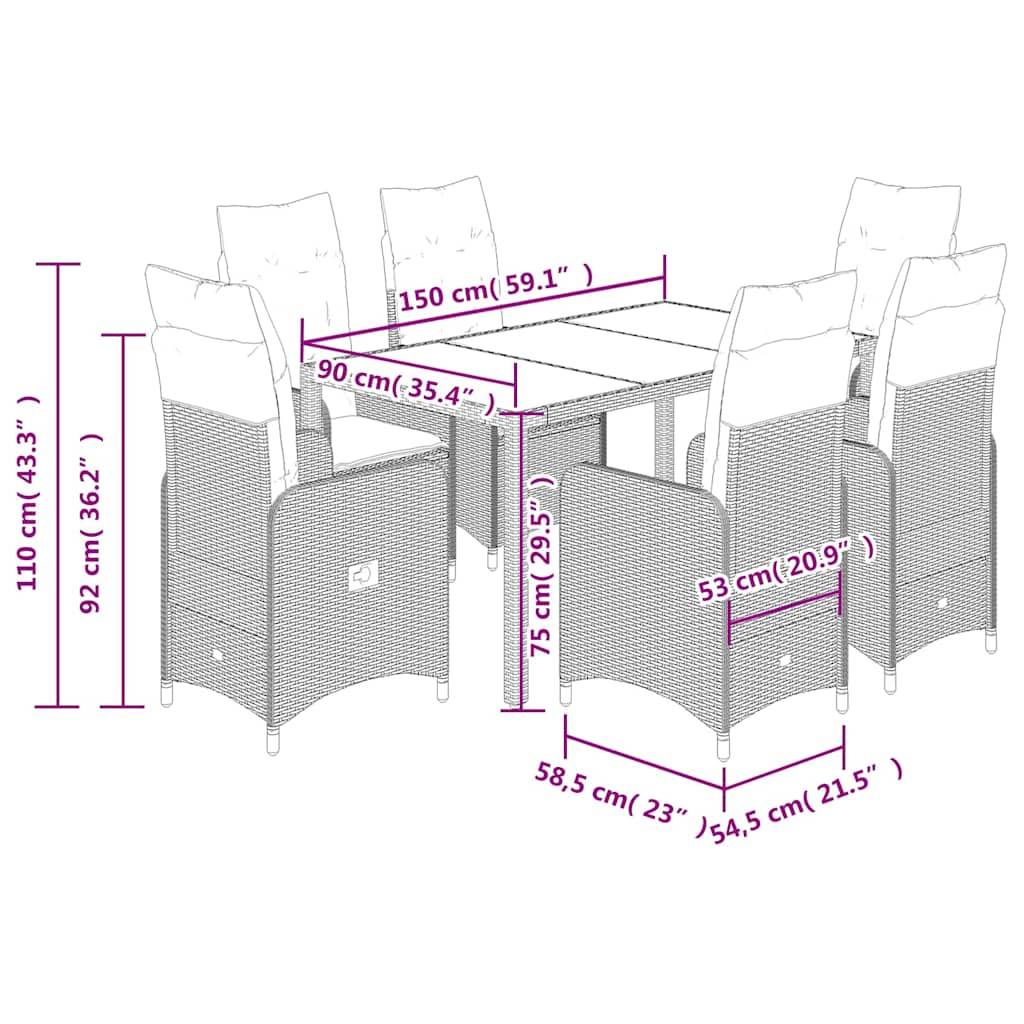 vidaXL 7-tlg. Garten-Bistro-Set mit Kissen Grau Poly Rattan