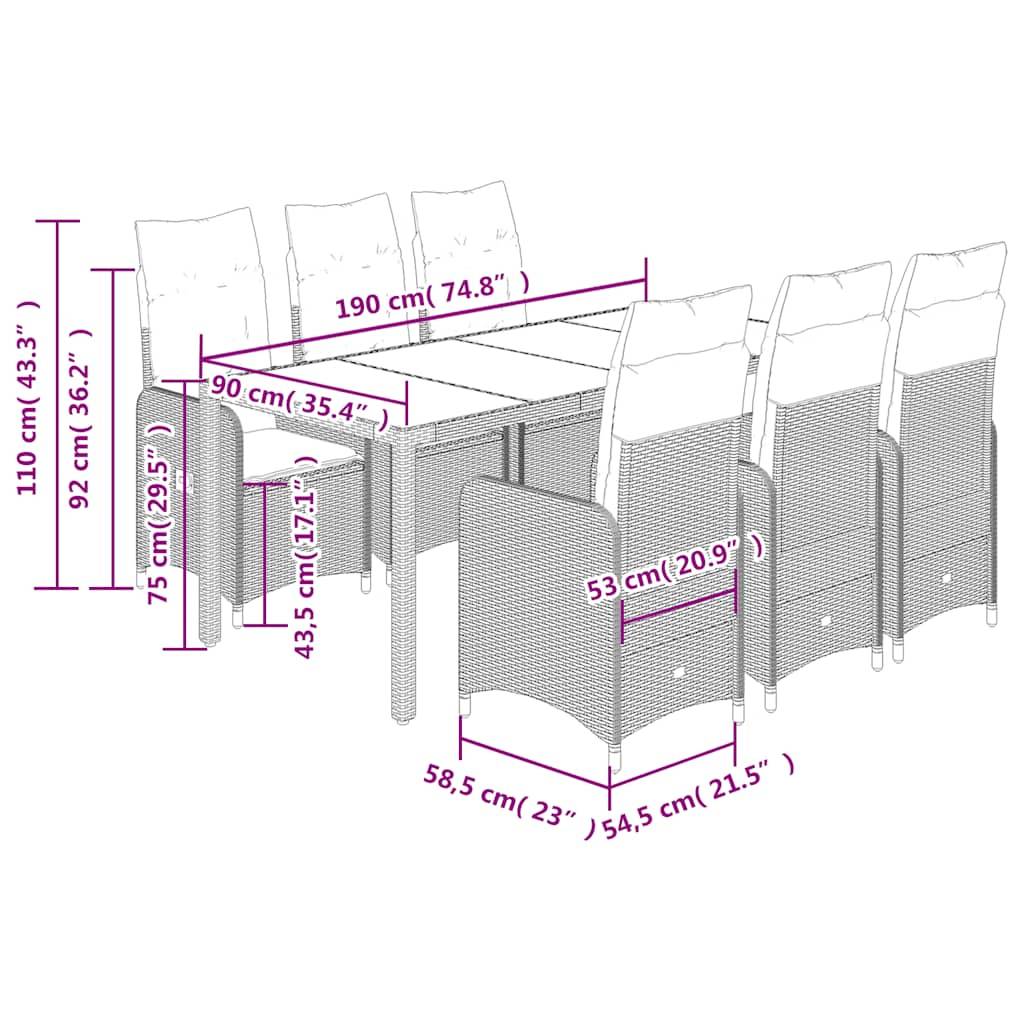 vidaXL 7-tlg. Garten-Bistro-Set mit Kissen Grau Poly Rattan