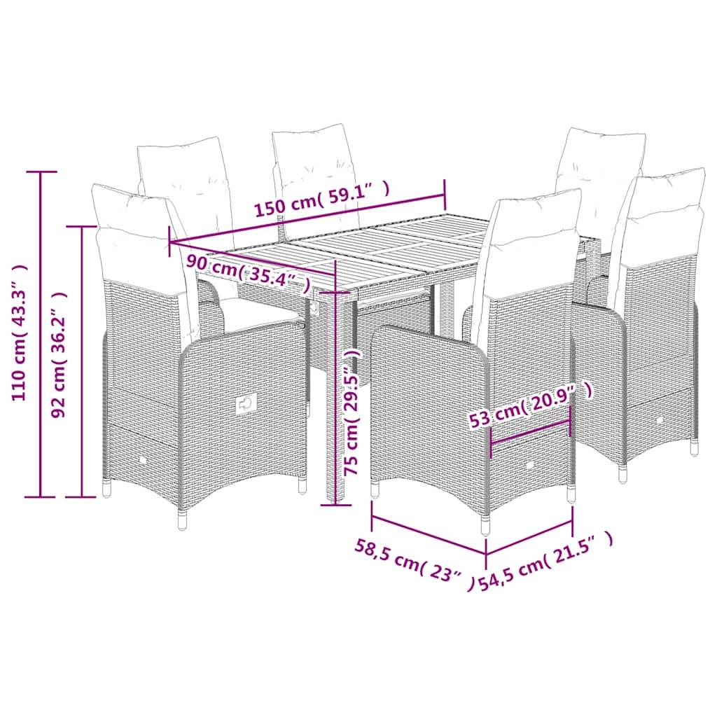 vidaXL 7-tlg. Garten-Bistro-Set mit Kissen Grau Poly Rattan