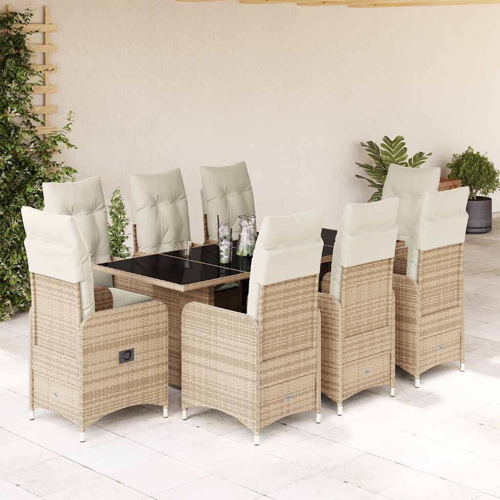 vidaXL 9-tlg. Garten-Bistro-Set mit Kissen Beige Poly Rattan