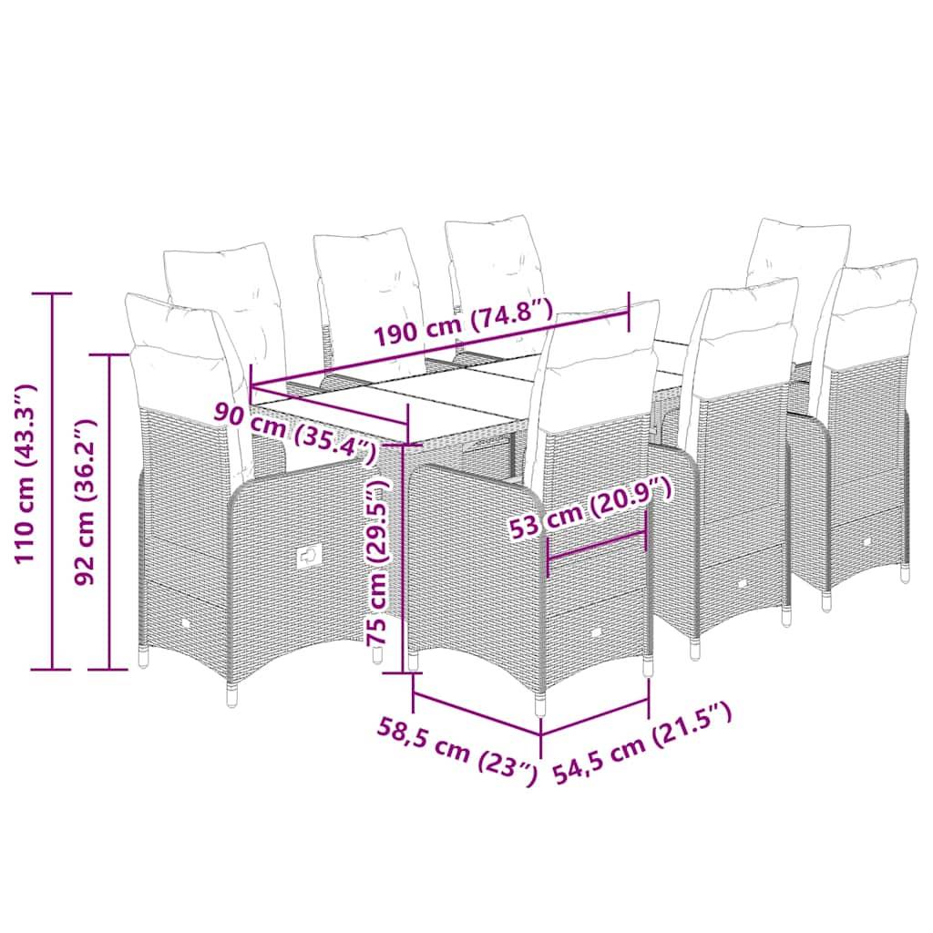 vidaXL 9-tlg. Garten-Bistro-Set mit Kissen Beige Poly Rattan