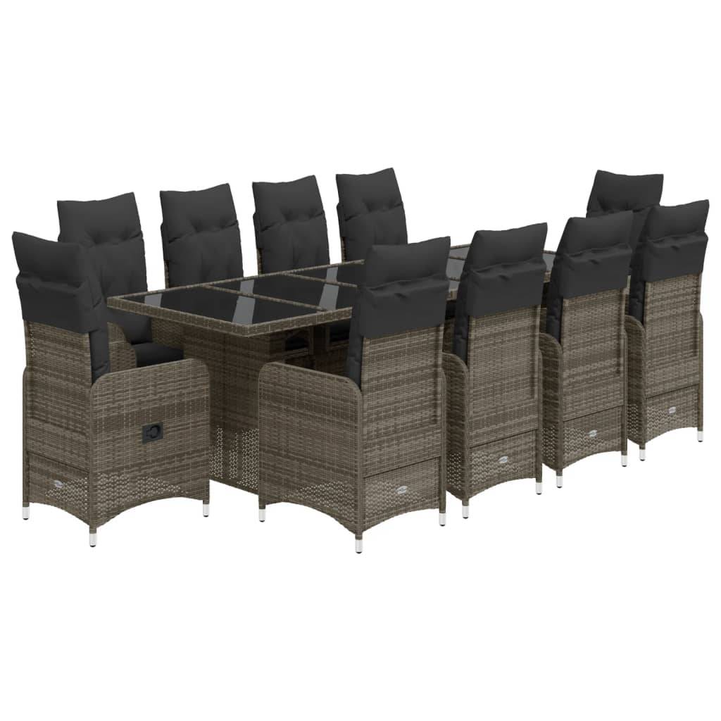 vidaXL 11-tlg. Garten-Bistro-Set mit Kissen Grau Poly Rattan