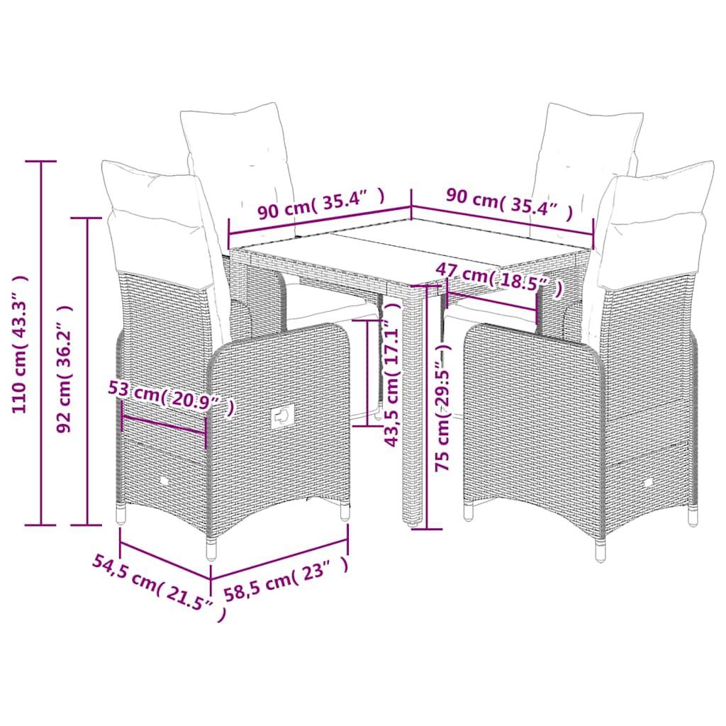 vidaXL 5-tlg. Garten-Bistro-Set mit Kissen Grau Poly Rattan