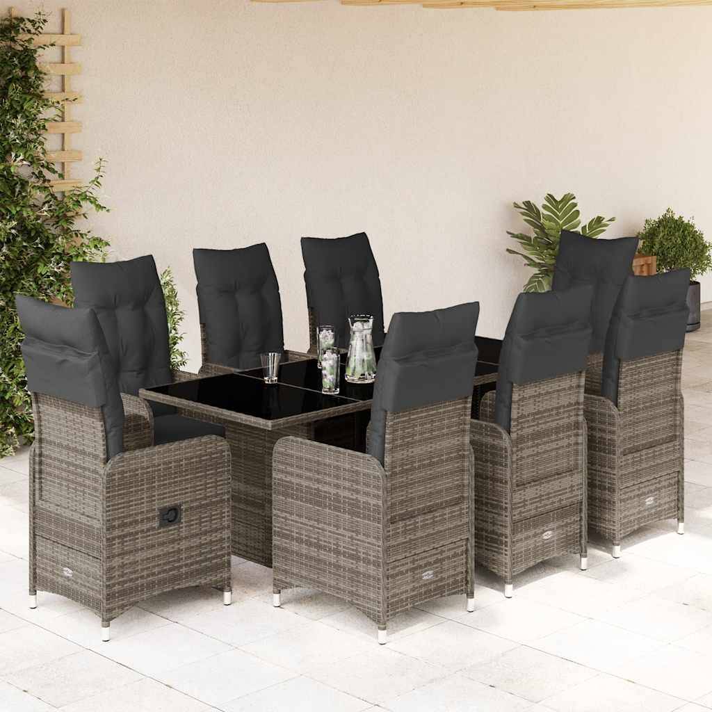 vidaXL 9-tlg. Garten-Bistro-Set mit Kissen Grau Poly Rattan