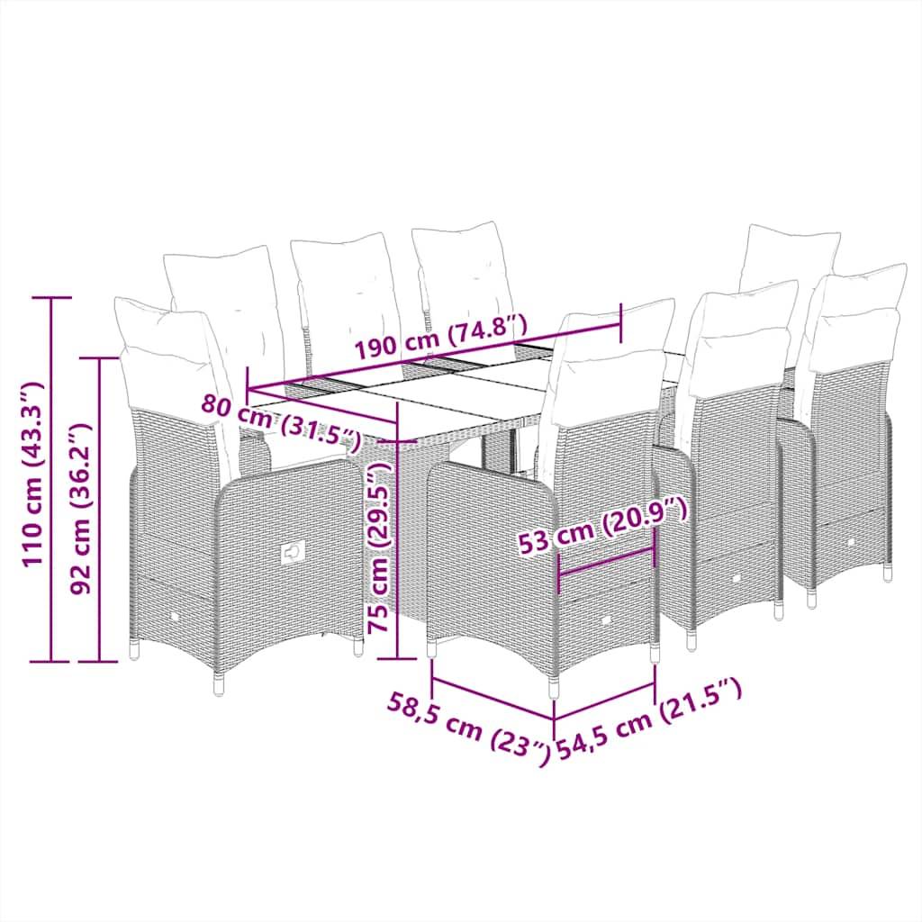 vidaXL 9-tlg. Garten-Bistro-Set mit Kissen Grau Poly Rattan