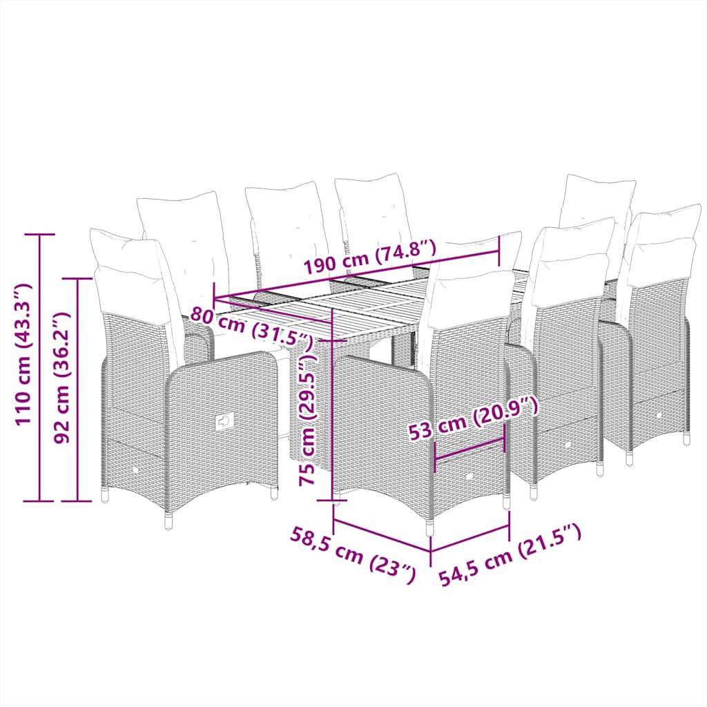 vidaXL 9-tlg. Garten-Bistro-Set mit Kissen Grau Poly Rattan