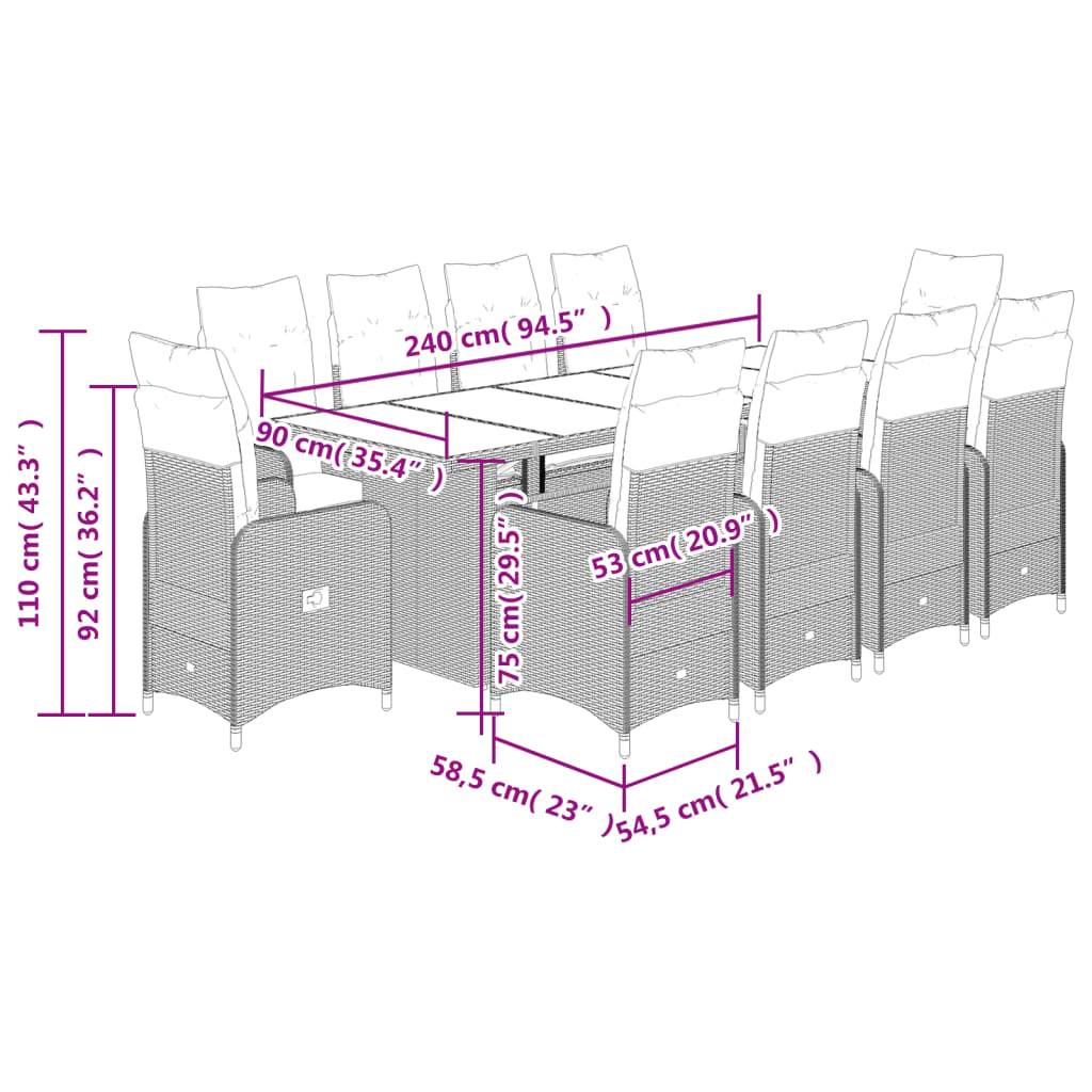 vidaXL 11-tlg. Garten-Bistro-Set mit Kissen Grau Poly Rattan