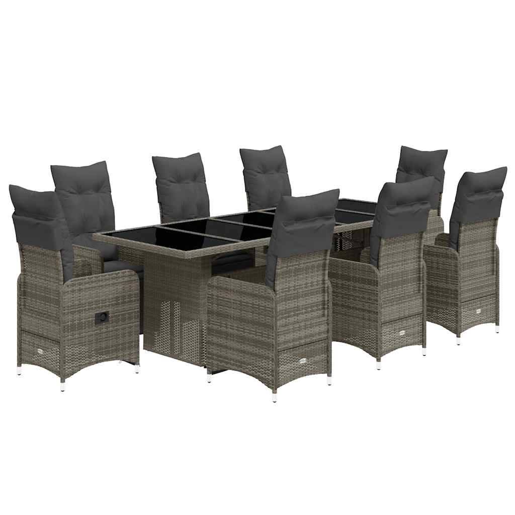vidaXL 9-tlg. Garten-Bistro-Set mit Kissen Grau Poly Rattan