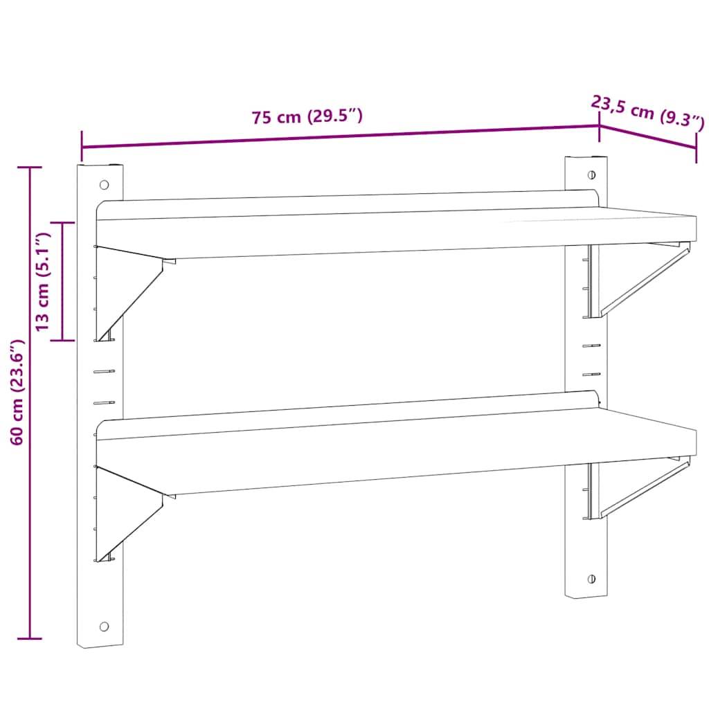vidaXL Wandregal mit 2 Böden 75x23,5x60 cm Silbern Edelstahl