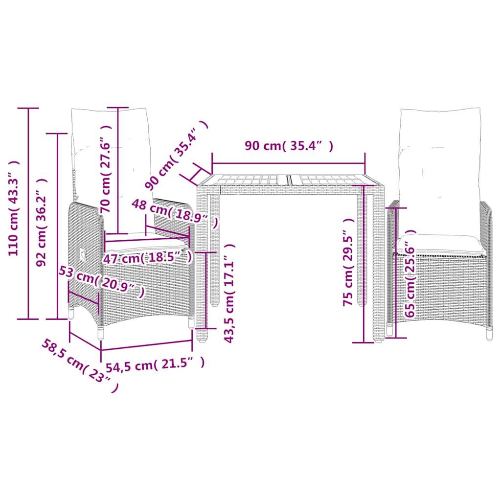 vidaXL 3-tlg. Garten-Bistro-Set mit Kissen Schwarz Poly Rattan