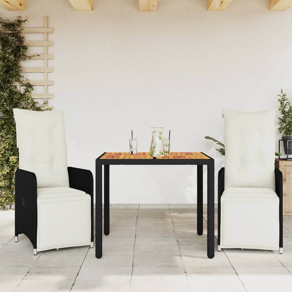 vidaXL 3-tlg. Garten-Bistro-Set mit Kissen Schwarz Poly Rattan