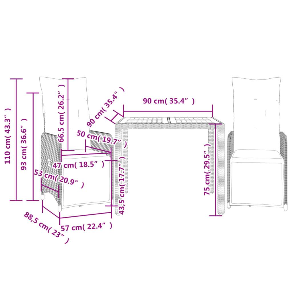 vidaXL 3-tlg. Garten-Bistro-Set mit Kissen Schwarz Poly Rattan