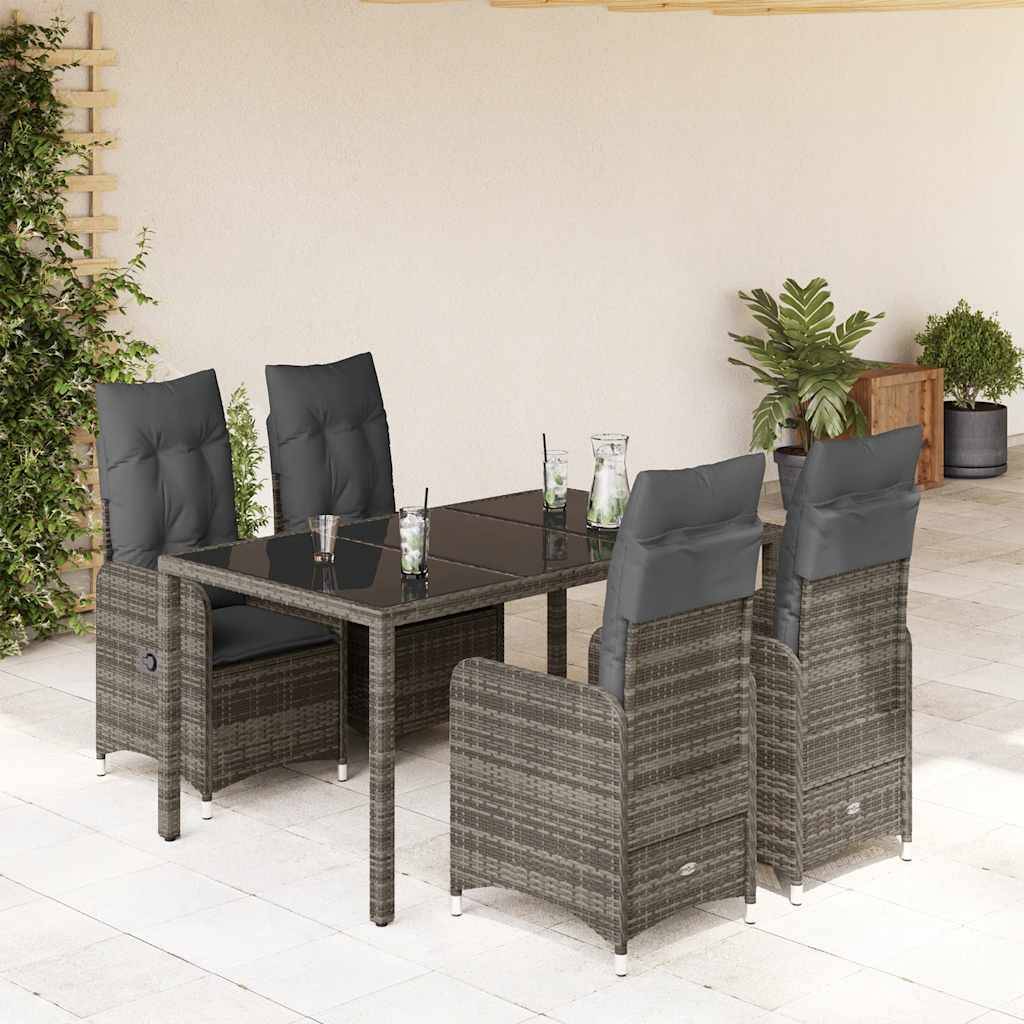 vidaXL 5-tlg. Garten-Bistro-Set mit Kissen Grau Poly Rattan